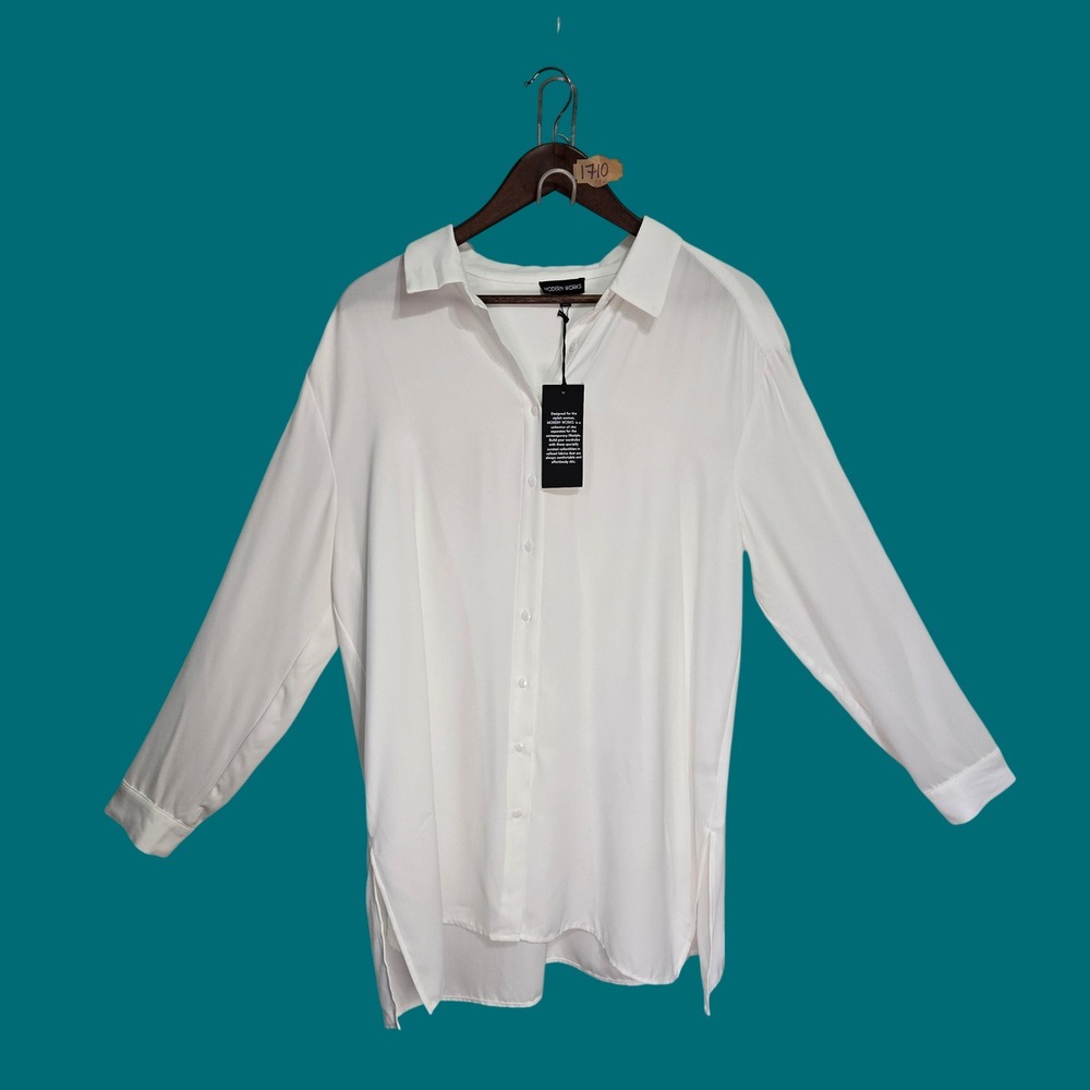 Modern Works Womens White Long Sleeve Button Down Shirt XL New With Tags